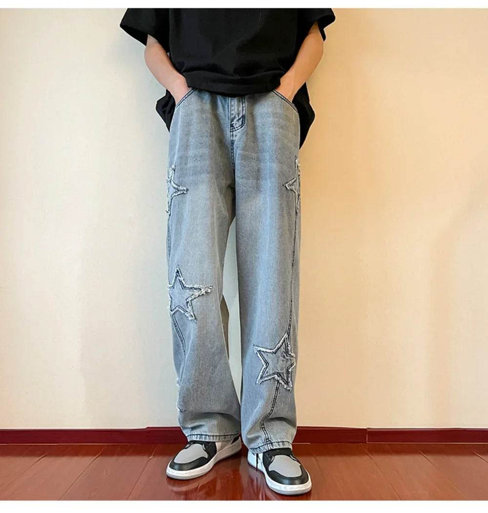 Star Embroidery Straight Korean Casual Denim Trousers - Tamnz