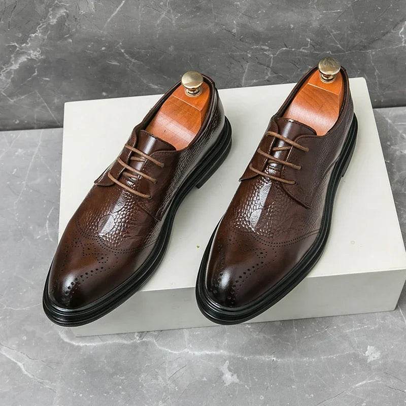 Brown Round Toe Lace-up Party Men's Formal Shoes Pu Leather Dress Shoes - Tamnz