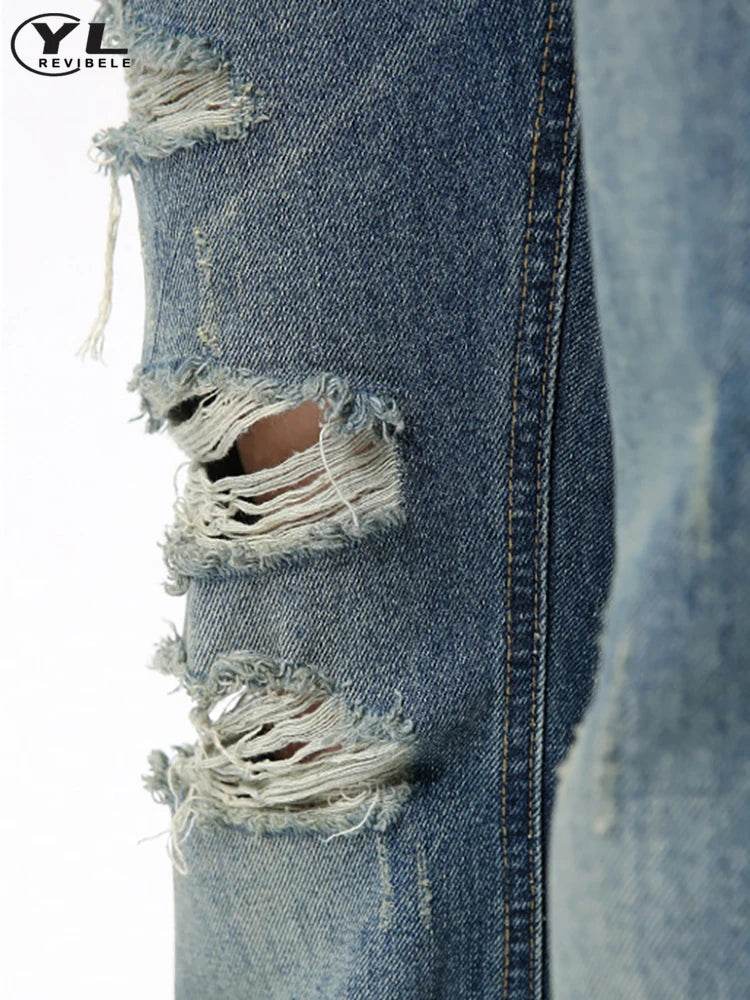High Street Hole Design Jeans Men Distressed Blue Washed Korea Loose Micro Horn Denim Pants Vintage Harajuku Straight Trousers - Tamnz