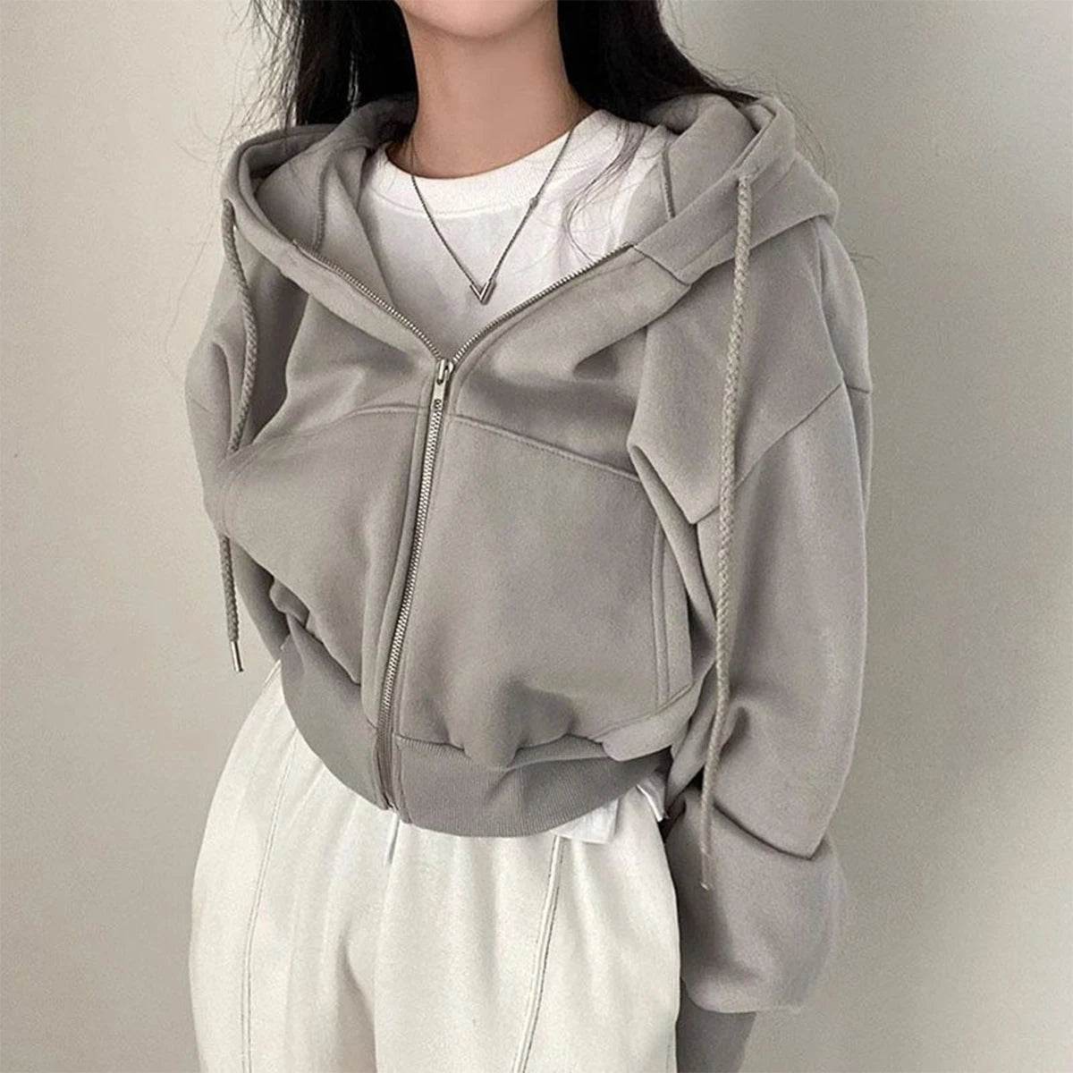 Women Casual Hoodies Autumn Retro Solid Colour Zip-Up Oversized Sweatshirts Harajuku Long Sleeve Hooded Loose Short Jackets Coat - Tamnz