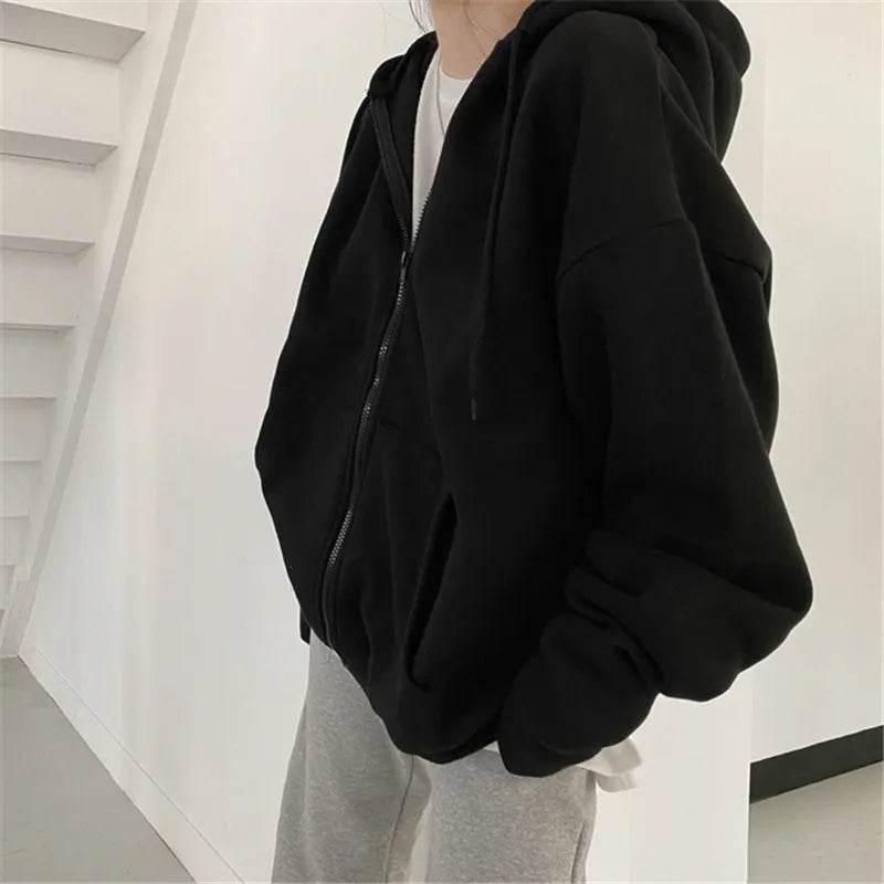 Women Hoodies Solid Colour Zip-Up Pocket Oversized Harajuku Female Long Sleeve Hooded Streetwear - Tamnz