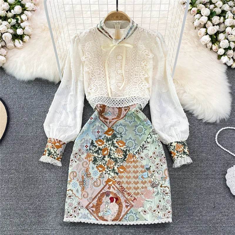 Summer Women OL Workwear Dress Clothing Vintage Bow Lace Patchwork Print Flowers Long Sleeve Costumes - Tamnz
