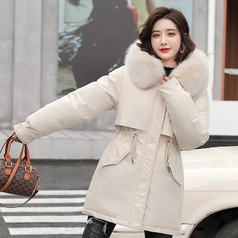 Women Parka Fashion Long Coat Wool Liner Hooded Parkas Winter Jacket Slim with Fur Collar Warm Snow Wear Padded - Tamnz