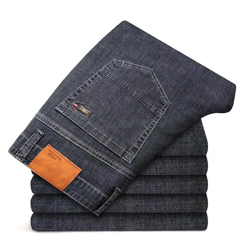 Volcanic Rock Fabric Men Business Thick Jeans Classic Style Black Blue Denim Stretch - Tamnz