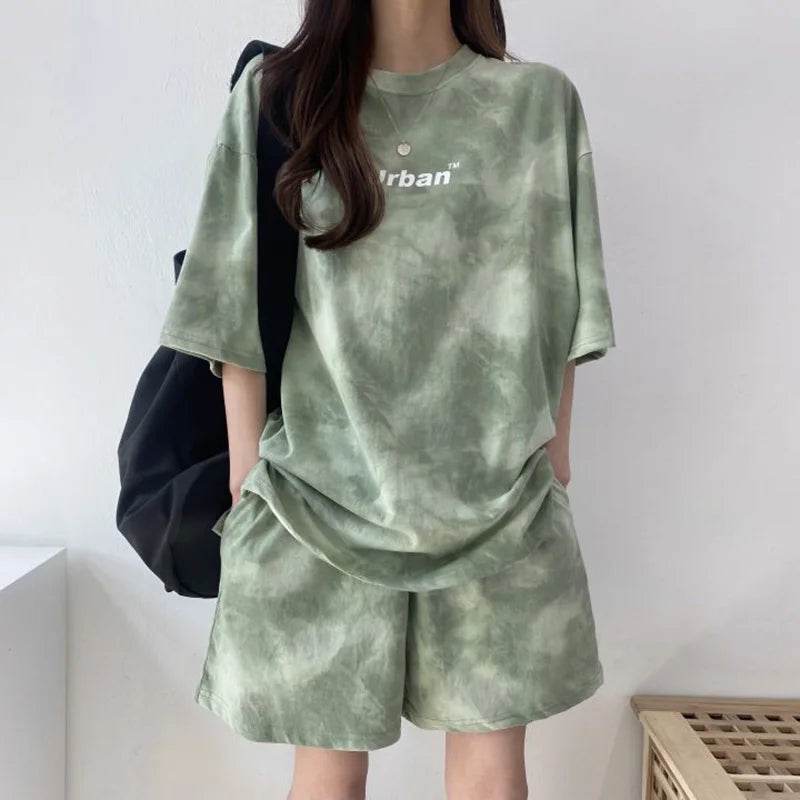 T-Shirt Shorts Set Tie Dye Loose tshirt and wide leg middle shorts summer - Tamnz