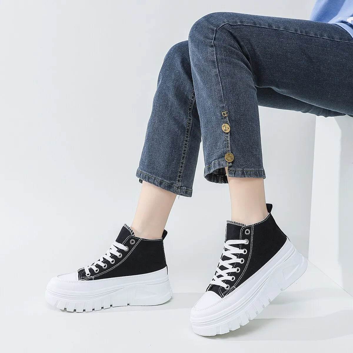 Women Lace-Up Front High Top Flatform Canvas Shoes Fashion Casual Comfortable Height Increasing Sneakers - Tamnz