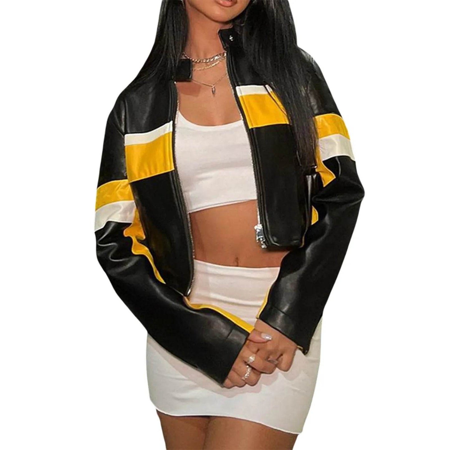 Women's Faux Leather Moto Jacket with Zipper Detail and Quilted Sleeves - Tamnz