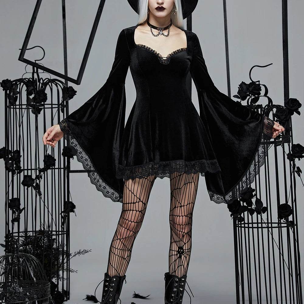 Vintage Dress Women Gothic Lace V-Neck Witch Long Sleeves Dresses - Tamnz