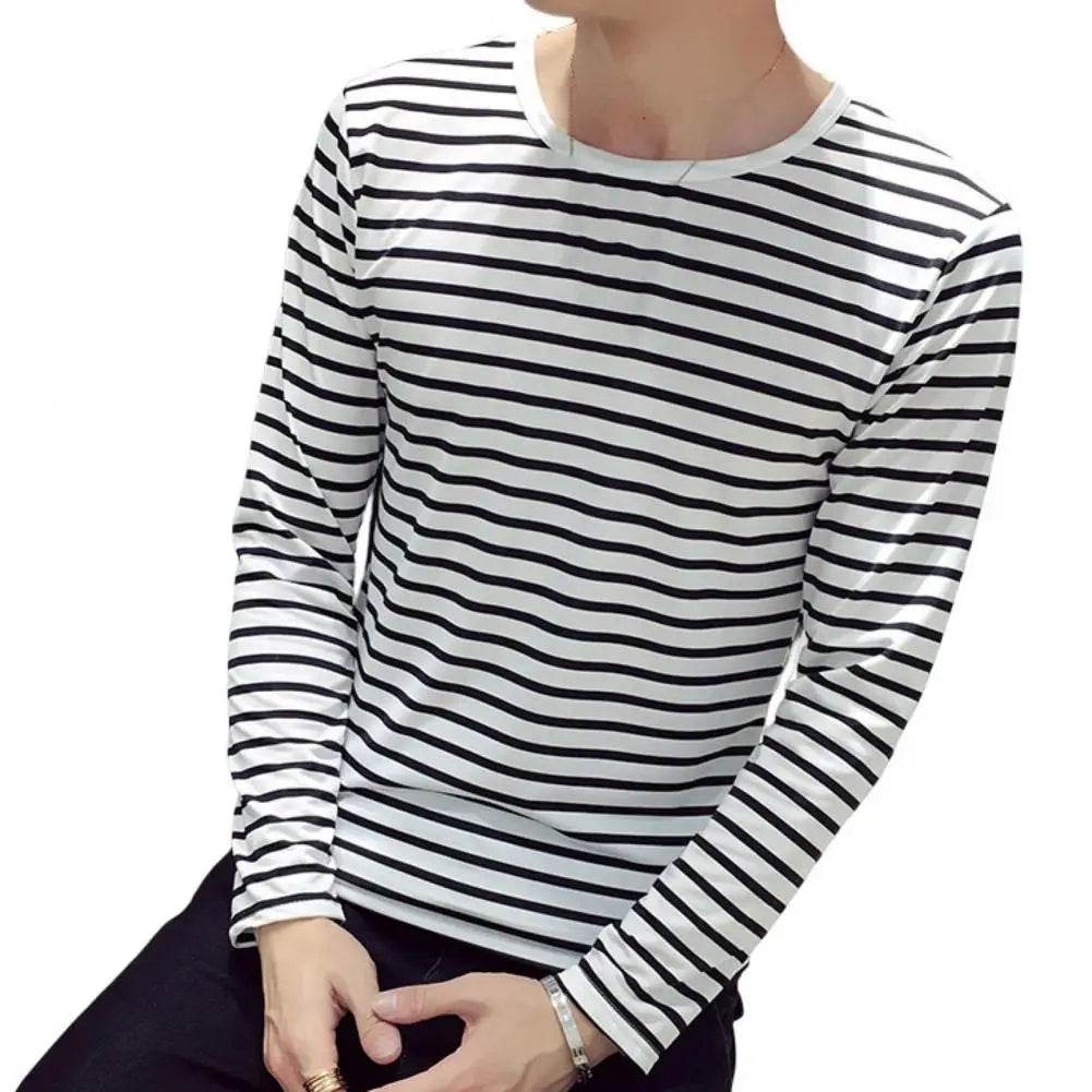 Men Top Striped Pattern Long Sleeves Round Neck Machine Washable Non-Fading Decorative Polyester Bottoming Shirt Casual Pullover - Tamnz