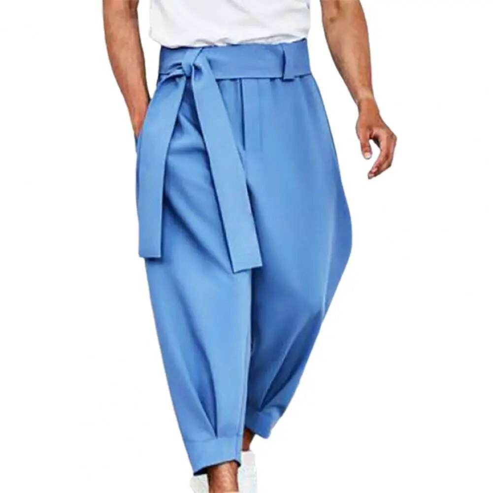 Hot! Men's Casual Pants Mid Waist Solid Color Skin-friendly Lace-up Casual Belt Loose Cropped Trousers for Autumn - Tamnz