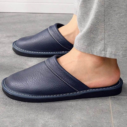 Autumn Winter Indoor Shoes Men's Slippers Man Concise Navy Blue Slides Simple Leather Home - Tamnz