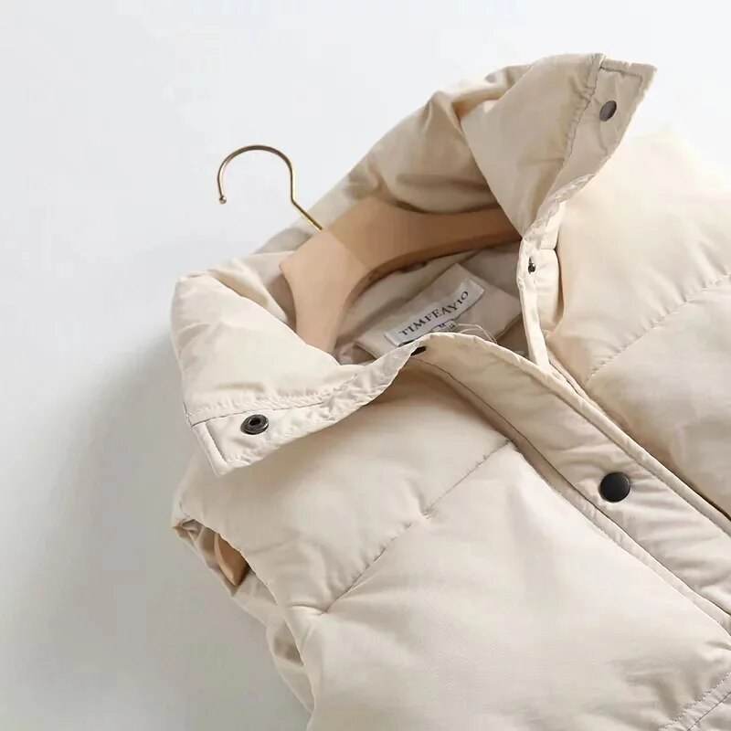 Autumn Winter Women Solid Loose Vest Drawstring Stand Collar Long Vest Jacket Cotton Padded Women Windproof Warm Waistcoat - Tamnz