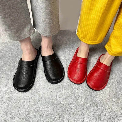 Autumn Winter Indoor Shoes Men's Slippers Man Concise Navy Blue Slides Simple Leather Home - Tamnz