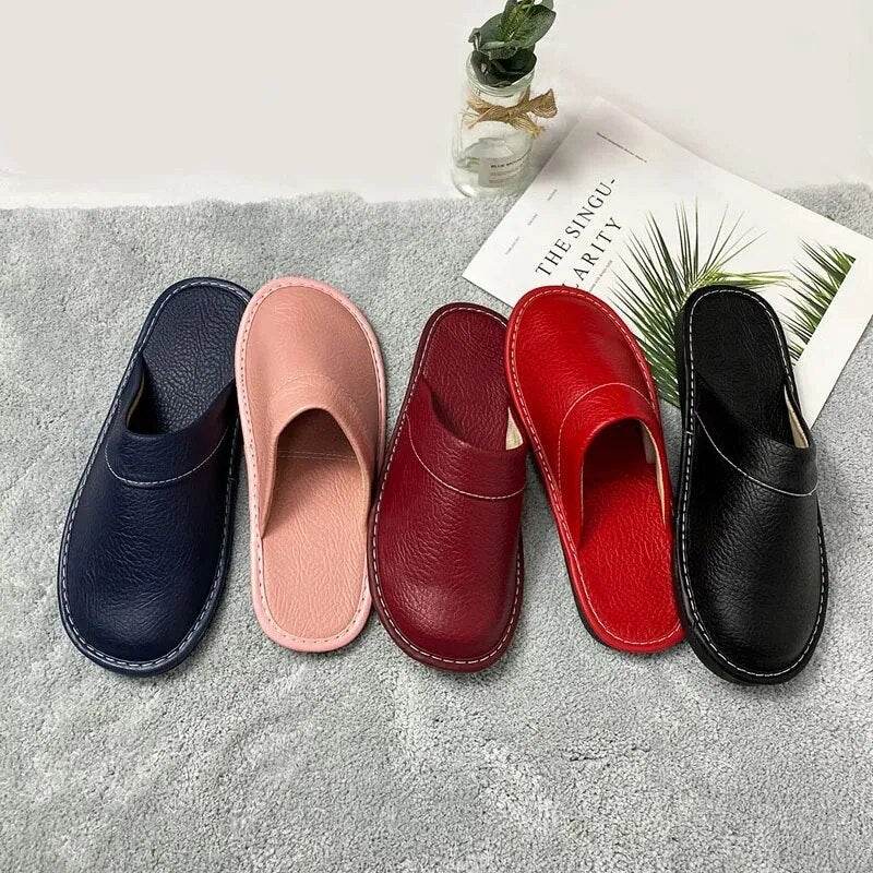 Autumn Winter Indoor Shoes Men's Slippers Man Concise Navy Blue Slides Simple Leather Home - Tamnz