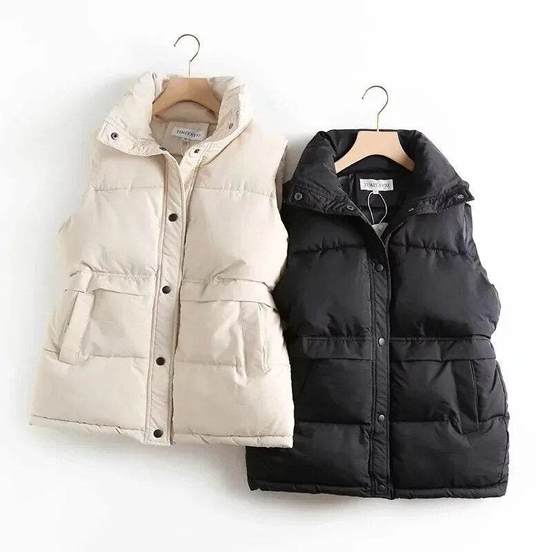 Autumn Winter Women Solid Loose Vest Drawstring Stand Collar Long Vest Jacket Cotton Padded Women Windproof Warm Waistcoat - Tamnz