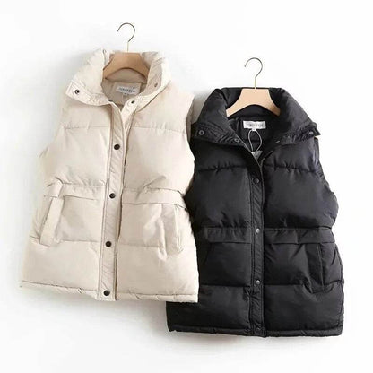 Autumn Winter Women Solid Loose Vest Drawstring Stand Collar Long Vest Jacket Cotton Padded Women Windproof Warm Waistcoat - Tamnz