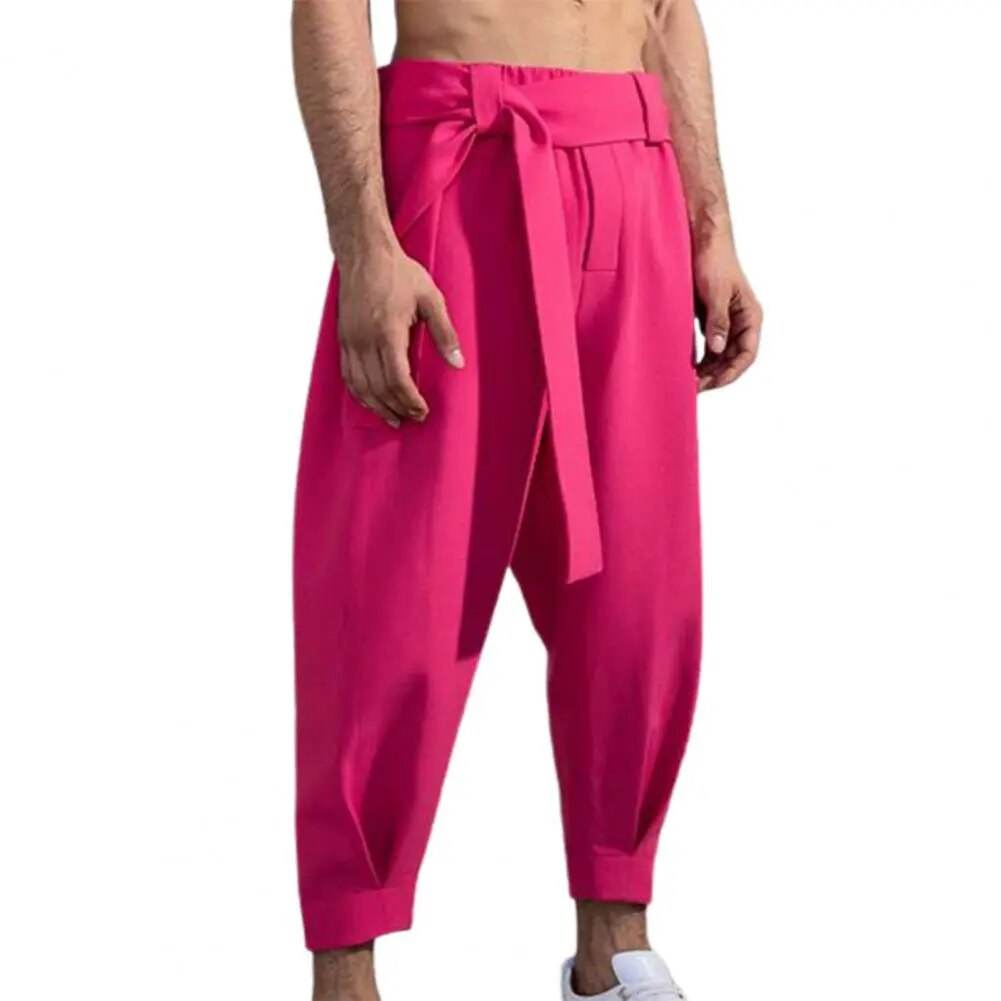 Hot! Men's Casual Pants Mid Waist Solid Color Skin-friendly Lace-up Casual Belt Loose Cropped Trousers for Autumn - Tamnz