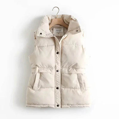 Autumn Winter Women Solid Loose Vest Drawstring Stand Collar Long Vest Jacket Cotton Padded Women Windproof Warm Waistcoat - Tamnz