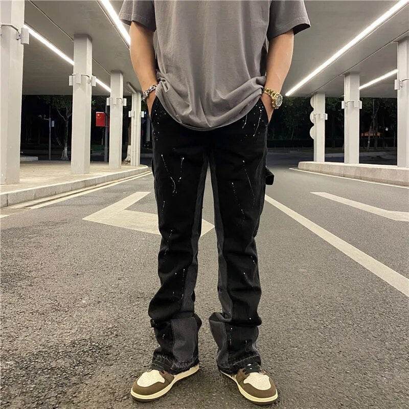 Streetwear Flared Pants Black Wide Leg Jeans Y2k Hip Hop Splashed Ink Jean Male Slim Patchwork Relaxed Fit Denim Pants for Men - Tamnz
