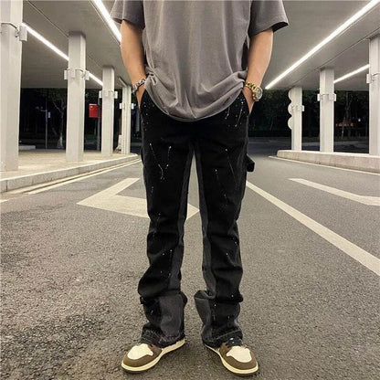 Streetwear Flared Pants Black Wide Leg Jeans Y2k Hip Hop Splashed Ink Jean Male Slim Patchwork Relaxed Fit Denim Pants for Men - Tamnz