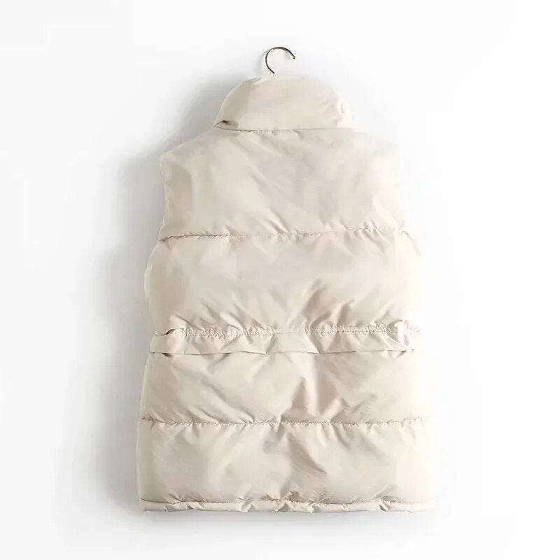 Autumn Winter Women Solid Loose Vest Drawstring Stand Collar Long Vest Jacket Cotton Padded Women Windproof Warm Waistcoat - Tamnz