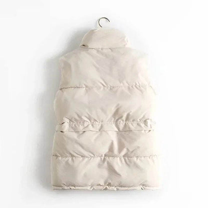 Autumn Winter Women Solid Loose Vest Drawstring Stand Collar Long Vest Jacket Cotton Padded Women Windproof Warm Waistcoat - Tamnz