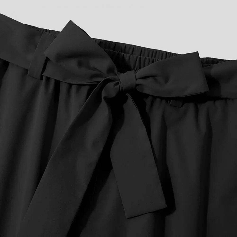 Hot! Men's Casual Pants Mid Waist Solid Color Skin-friendly Lace-up Casual Belt Loose Cropped Trousers for Autumn - Tamnz