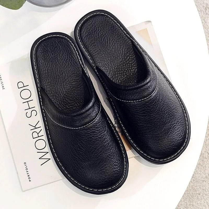 Autumn Winter Indoor Shoes Men's Slippers Man Concise Navy Blue Slides Simple Leather Home - Tamnz