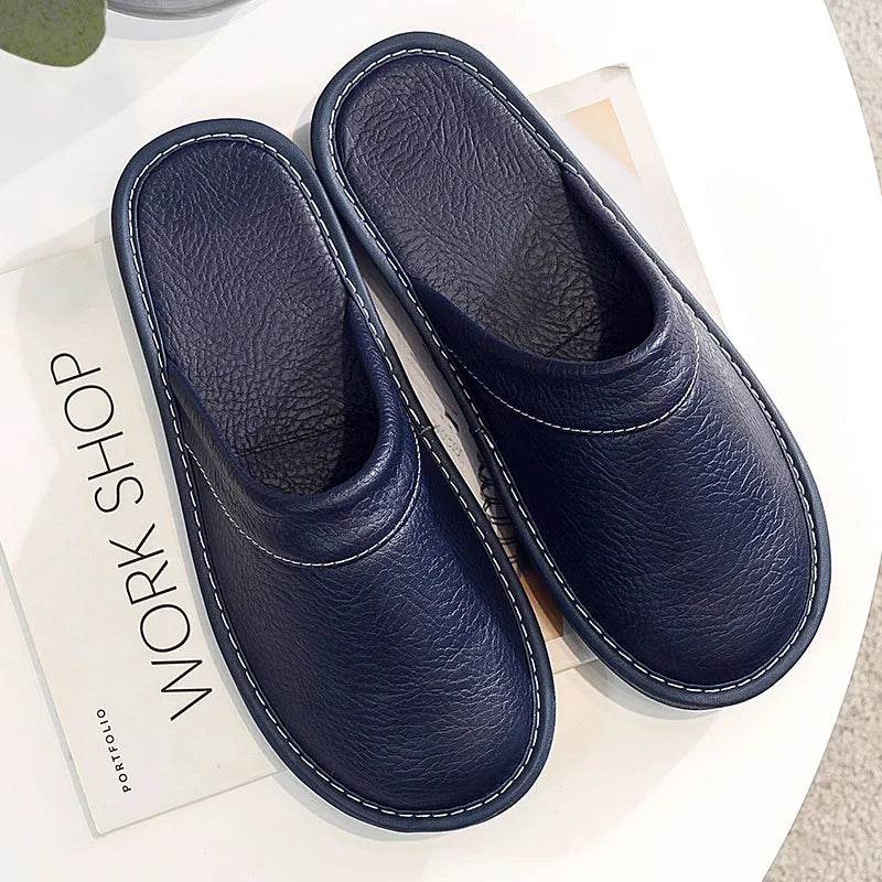 Autumn Winter Indoor Shoes Men's Slippers Man Concise Navy Blue Slides Simple Leather Home - Tamnz