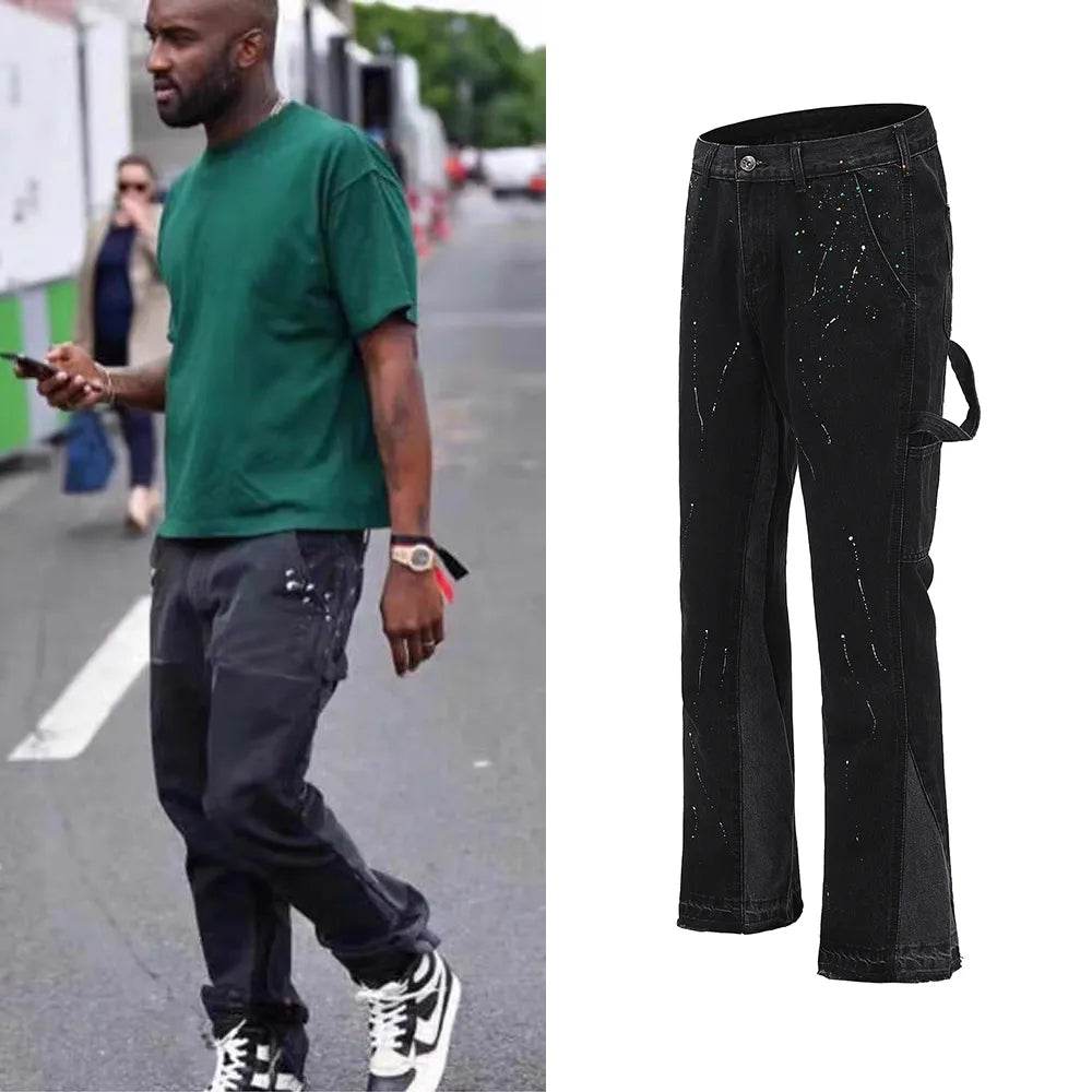 Streetwear Flared Pants Black Wide Leg Jeans Y2k Hip Hop Splashed Ink Jean Male Slim Patchwork Relaxed Fit Denim Pants for Men - Tamnz
