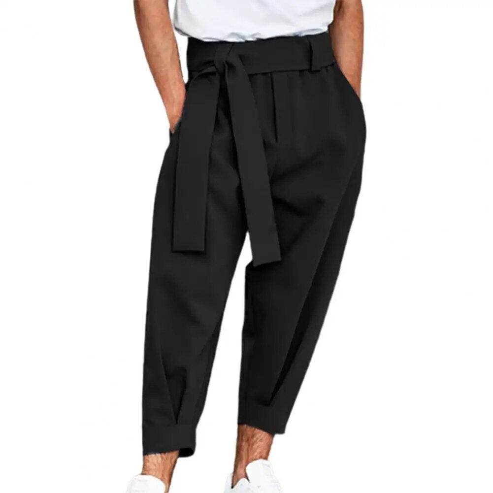 Hot! Men's Casual Pants Mid Waist Solid Color Skin-friendly Lace-up Casual Belt Loose Cropped Trousers for Autumn - Tamnz