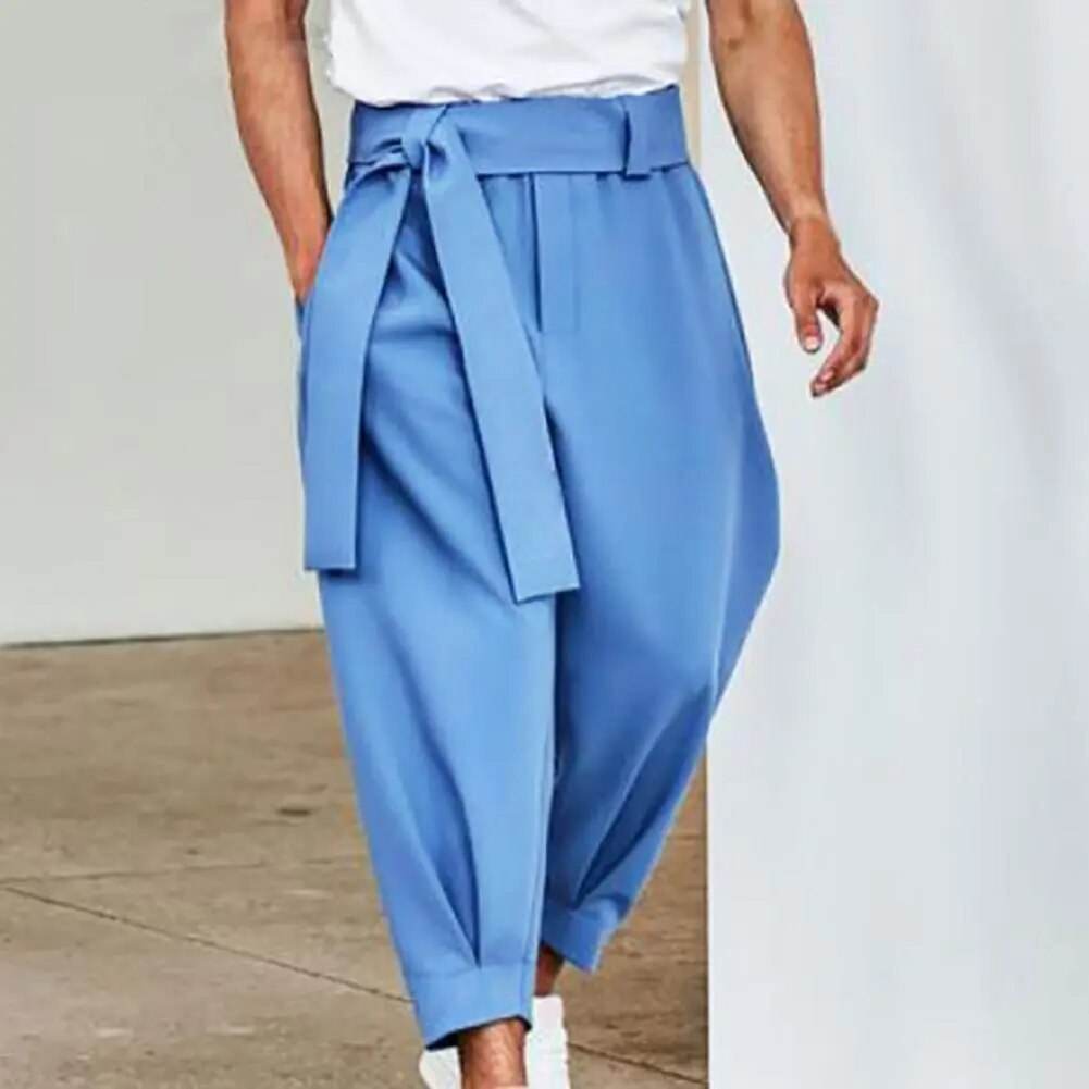 Hot! Men's Casual Pants Mid Waist Solid Color Skin-friendly Lace-up Casual Belt Loose Cropped Trousers for Autumn - Tamnz