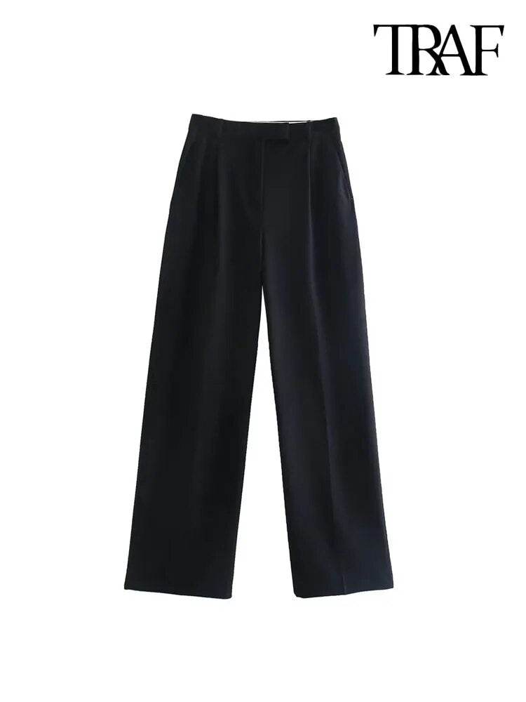Fashion With Darts Front Pockets Wide Leg Pants Vintage High Waist Zipper Fly Female Trousers Mujer - Tamnz