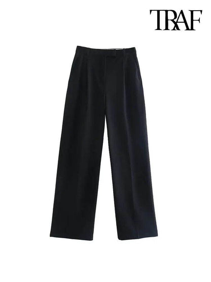 Fashion With Darts Front Pockets Wide Leg Pants Vintage High Waist Zipper Fly Female Trousers Mujer - Tamnz