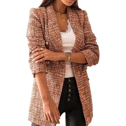 Women Jacket Autumn Traf Fashion Double Breasted Tweed Blazer Coat Vintage Long Sleeve Female Outerwear Chic Top - Tamnz