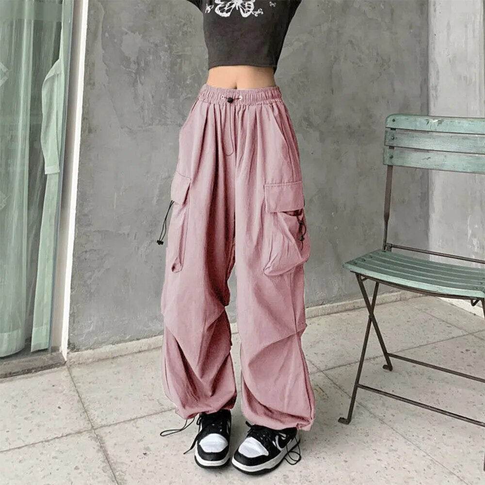 Womens Elastic Waist Loose Retro Overalls Casual Pants Womens Summer Allmatch Straight Drape Trousers Loose Wideleg Pants - Tamnz