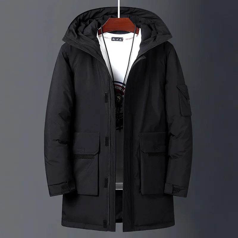 Men White Duck Warm Hooded Long Down Jackets Autumn Casual Parka Black Fluffy - Tamnz