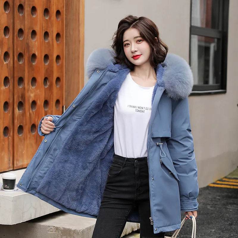 Women Parka Fashion Long Coat Wool Liner Hooded Parkas Winter Jacket Slim with Fur Collar Warm Snow Wear Padded - Tamnz