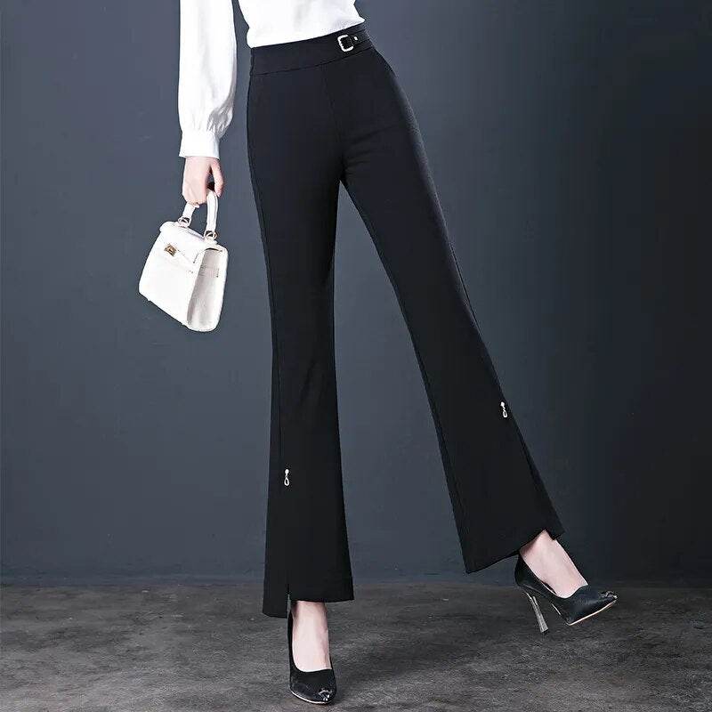 Elastic High Waist Flared Pants Women's Spring and Autumn New Loose Casual Trousers Black Fashionable Flared Pants - Tamnz