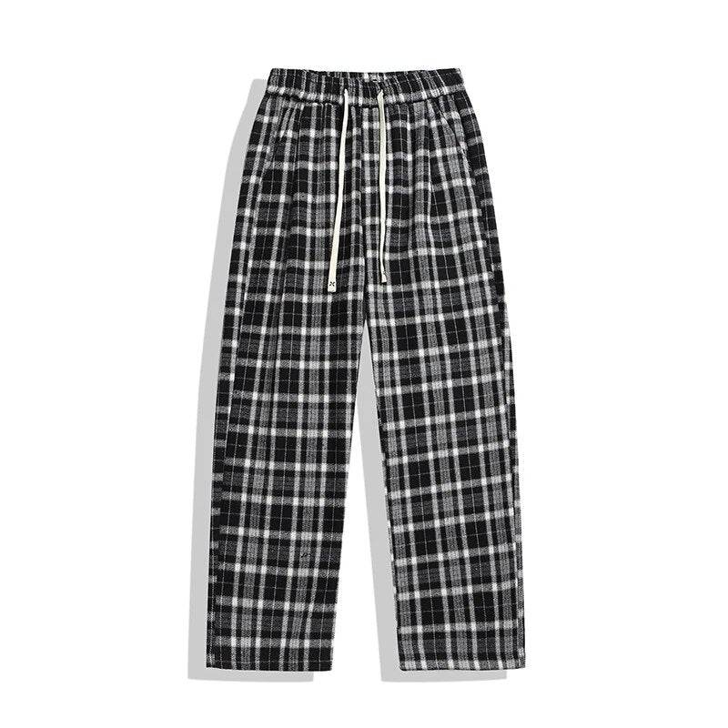 Winter Plaid Pants Men Dehaired Velvet Thick Warm Checkered Casual Sweatpants Black Khaki Vintage Long Straight Trousers - Tamnz