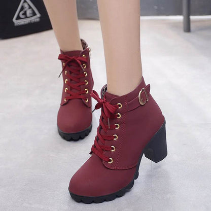Spring Winter Women Pumps Boots High Quality Lace-up European Ladies Shoes PU High Heels Boots Fast Delivery - Tamnz