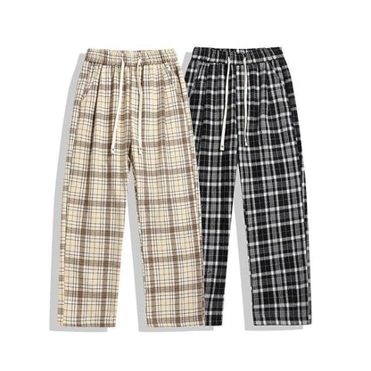 Winter Plaid Pants Men Dehaired Velvet Thick Warm Checkered Casual Sweatpants Black Khaki Vintage Long Straight Trousers - Tamnz