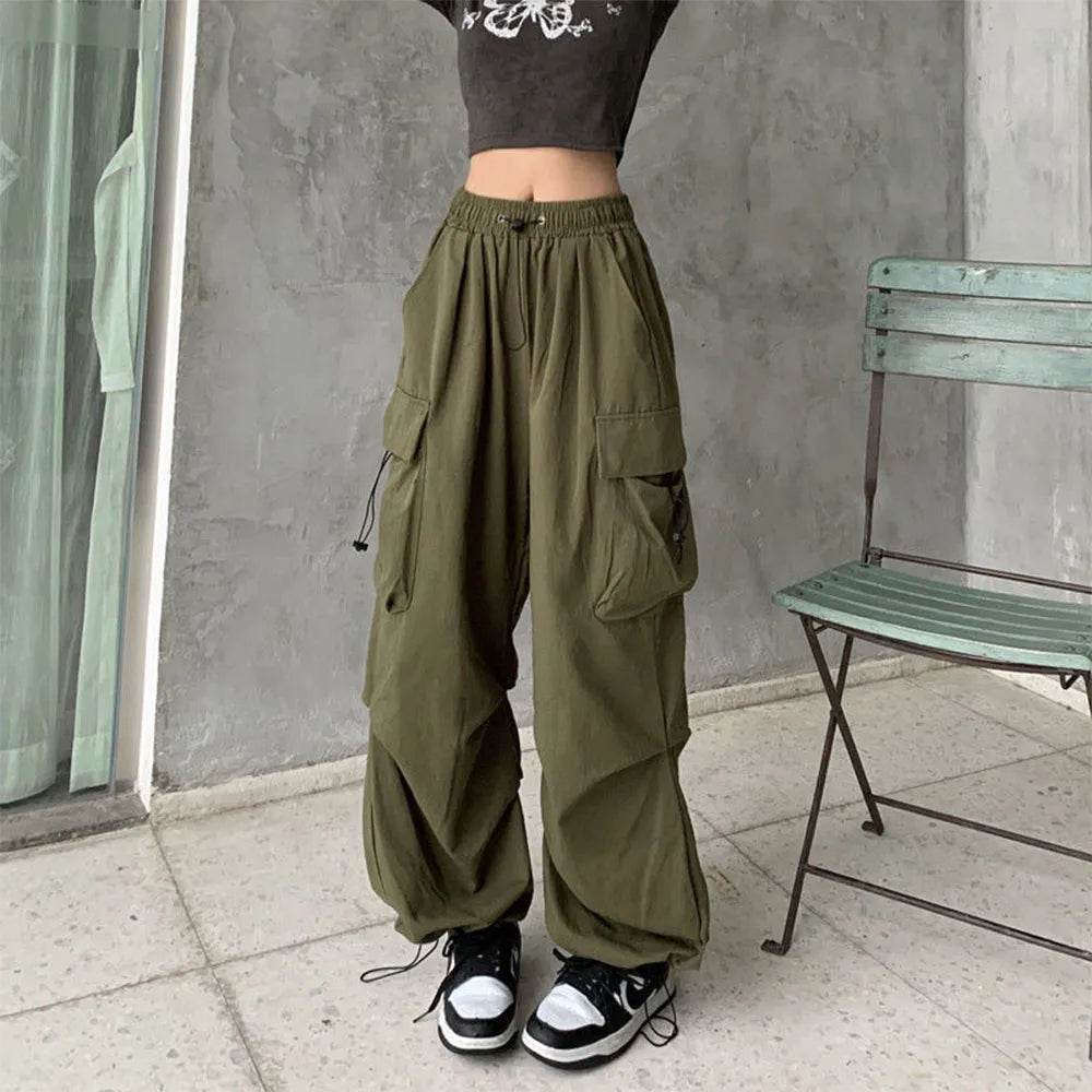 Womens Elastic Waist Loose Retro Overalls Casual Pants Womens Summer Allmatch Straight Drape Trousers Loose Wideleg Pants - Tamnz