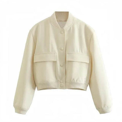 Women Fashion Bomber Jackets with Big Pockets Cropped Spring Amtumn Female Vintage Coat Long Sleeve Front Button Female Outerwea - Tamnz