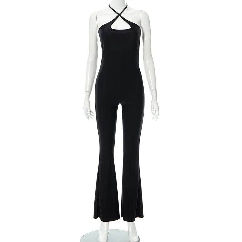 Neck Mounted Sexy Black Jumpsuits For Women Sleeveless Low Cut Elegant One Piece Outfit Slight Flared Pants Jump Suit Overall - Tamnz