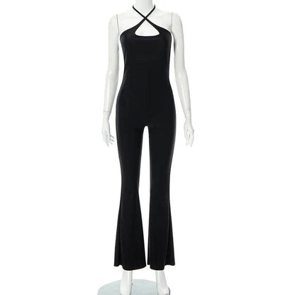 Neck Mounted Sexy Black Jumpsuits For Women Sleeveless Low Cut Elegant One Piece Outfit Slight Flared Pants Jump Suit Overall - Tamnz