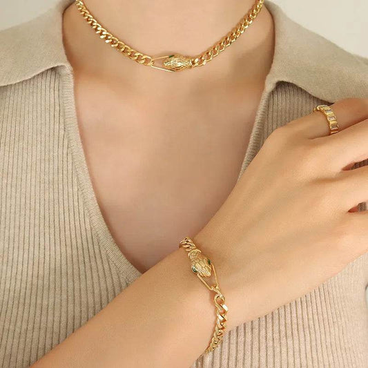 Gothic Stainless Steel Snake Chain Bracelet Necklace Set For Women Gold Plated Jewelry Zircon Accessories Free Shipping - Tamnz