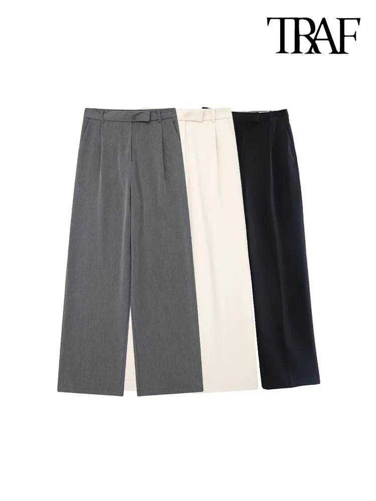 Fashion With Darts Front Pockets Wide Leg Pants Vintage High Waist Zipper Fly Female Trousers Mujer - Tamnz