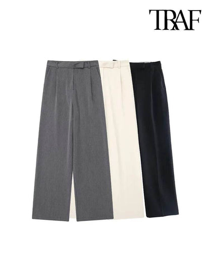 Fashion With Darts Front Pockets Wide Leg Pants Vintage High Waist Zipper Fly Female Trousers Mujer - Tamnz