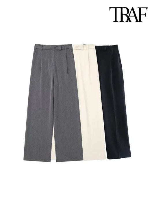 Fashion With Darts Front Pockets Wide Leg Pants Vintage High Waist Zipper Fly Female Trousers Mujer - Tamnz